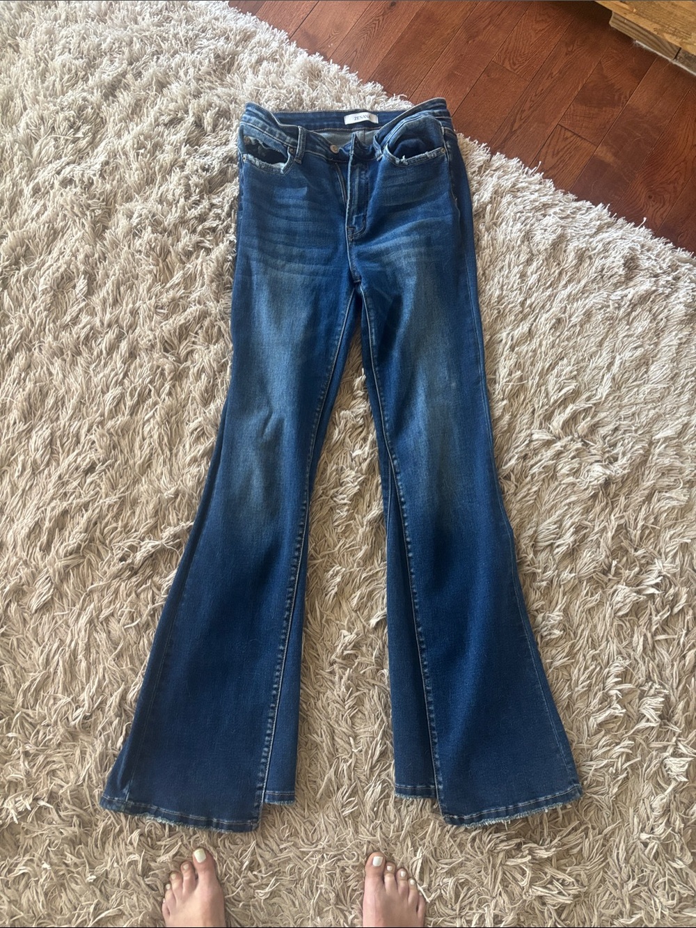 Dark Blue Flare Jeans with Subtle Fade